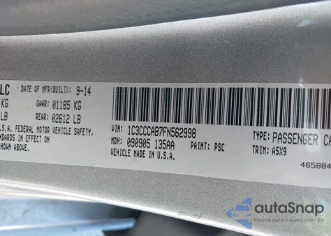 2015 Chrysler 200 Limited z USA, uszkodzony, nr VIN 1C3CCCAB7FN562998